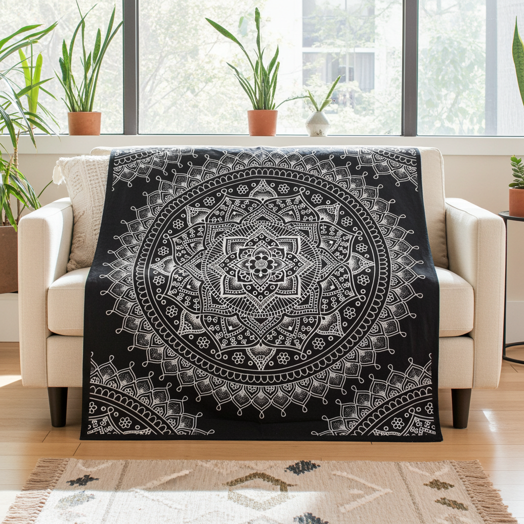 Black & White Double Bed Spread / Wall Art - Lotus Flower