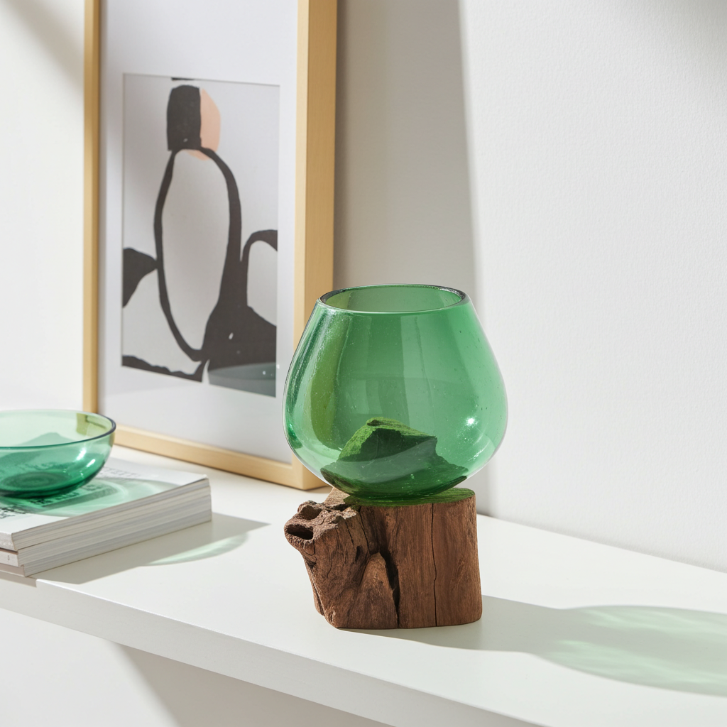 Molton Recycled Beer Bottle Glass Small Bowl On Wooden Stand