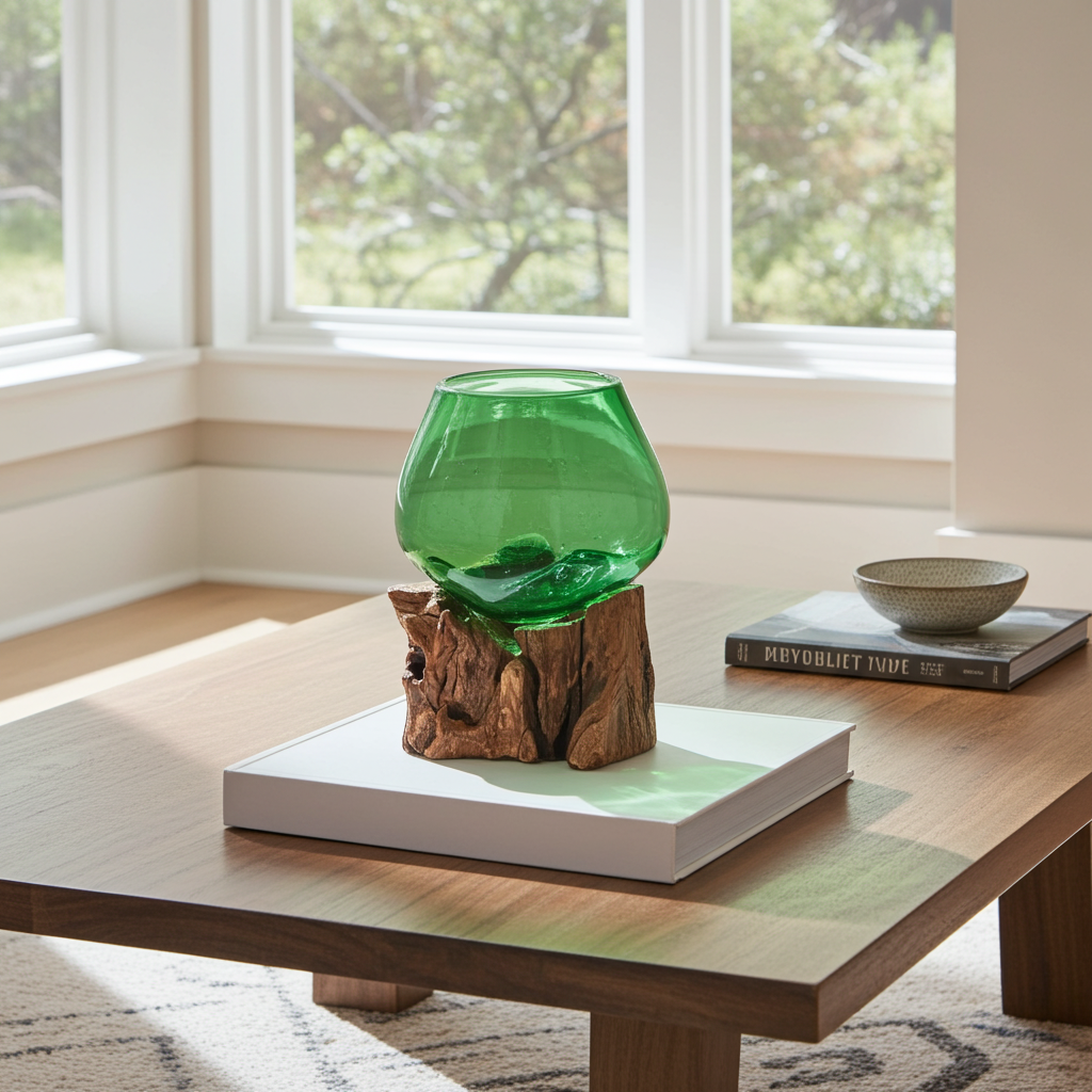 Molton Recycled Beer Bottle Glass Small Bowl On Wooden Stand