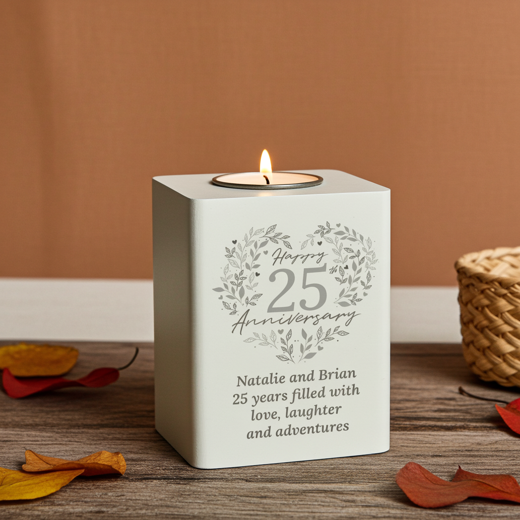 Personalised 25th Anniversary Tealight Holder | Silver Anniversary Keepsake - Artfully Curated Creations and identify whats in the image