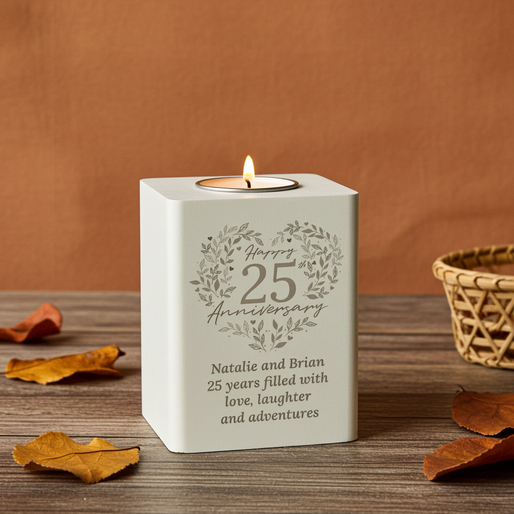Personalised 25th Anniversary Tealight Holder | Silver Anniversary Keepsake - Artfully Curated Creations and identify whats in the image