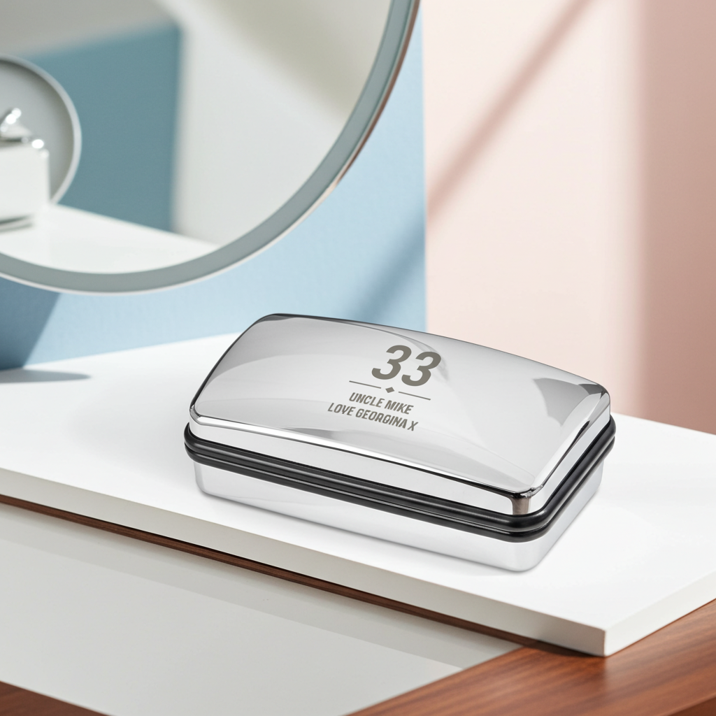 Personalised Age Cufflink Box | Engraved Chrome Keepsake for Birthdays, Weddings & Father’s Day - Artfully Curated Creations and identify whats in the image