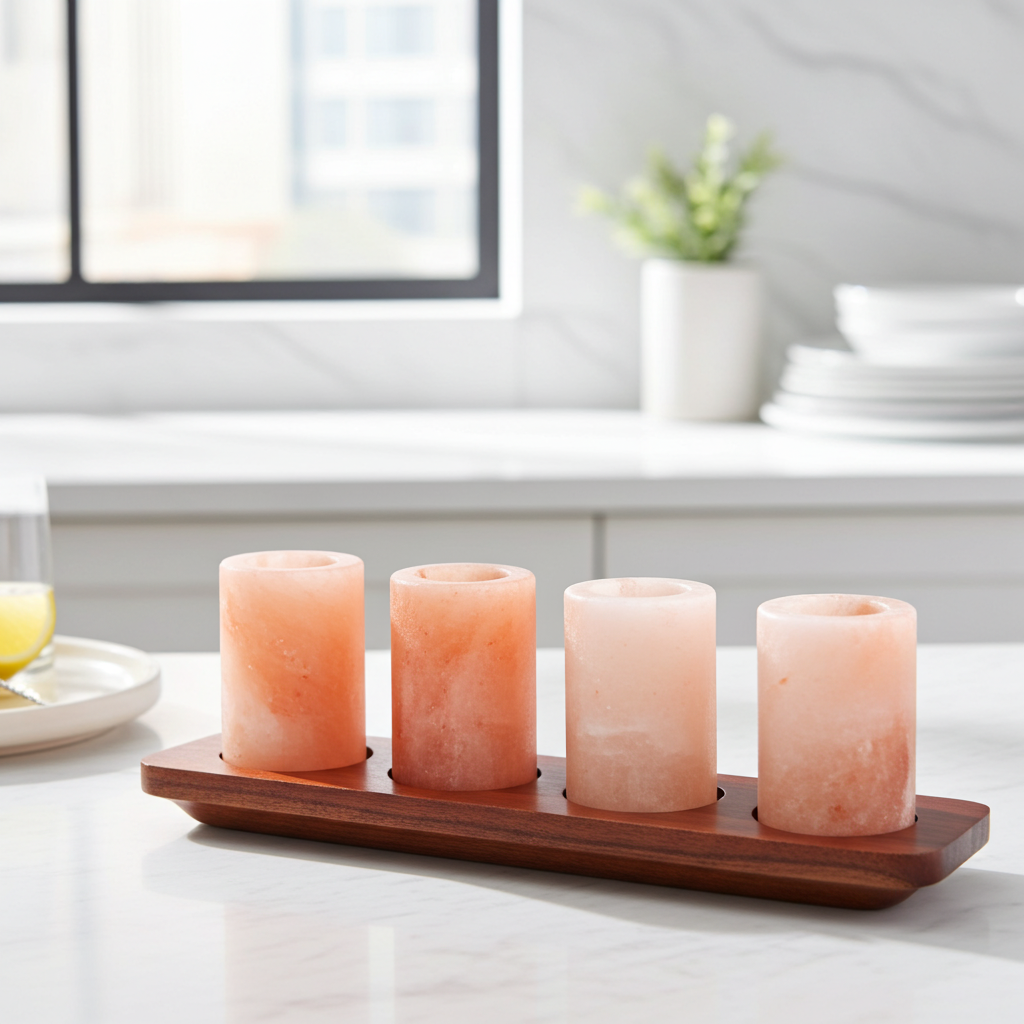 Set of four pink salt candles on a wooden tray in a kitchen setting.