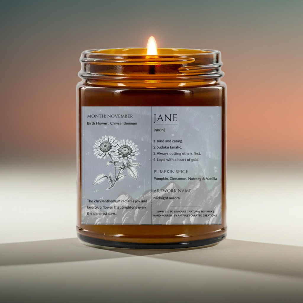 The Definition of you birth flower customisable scented artwork candle | Handmade | A personal gift - Artfully Curated Creations and identify whats in the image
