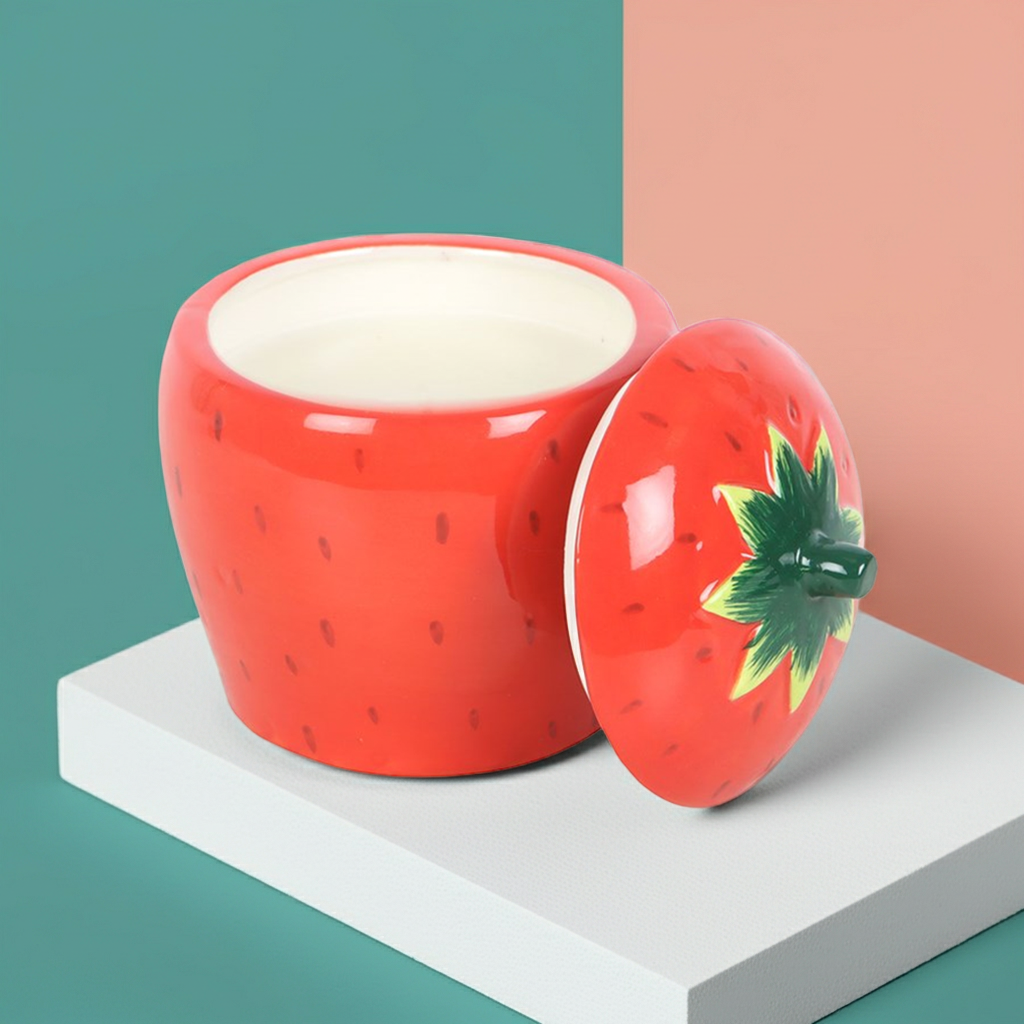 Strawberry Shaped Candle Ceramic Jar with Fruity Scent Sweet Home Decor & Gift, 16-Hour Burn Time