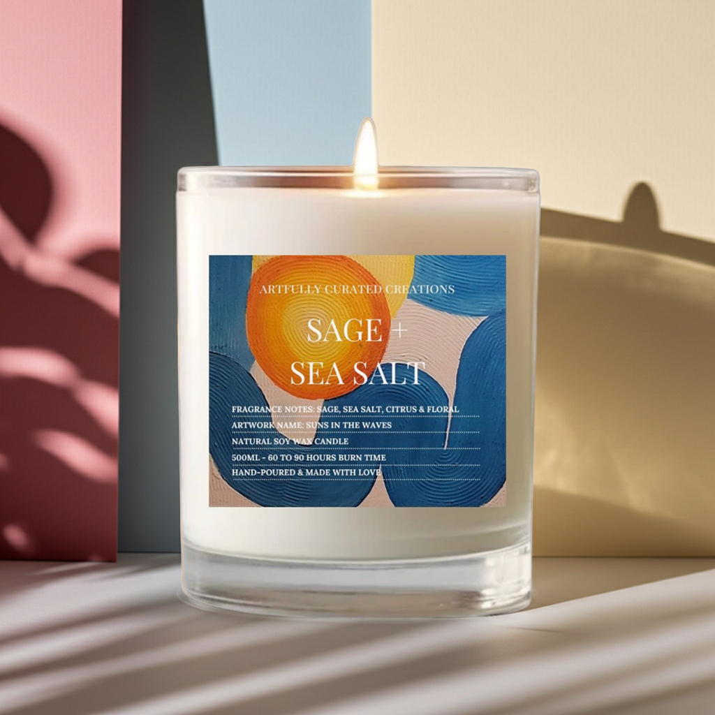 Art Candle Original Clay Artwork Scented Soy Wax in clear glass, Handmade Gift, Wedding Favour, Elegant Home Décor Candle, Luxury Party Bag