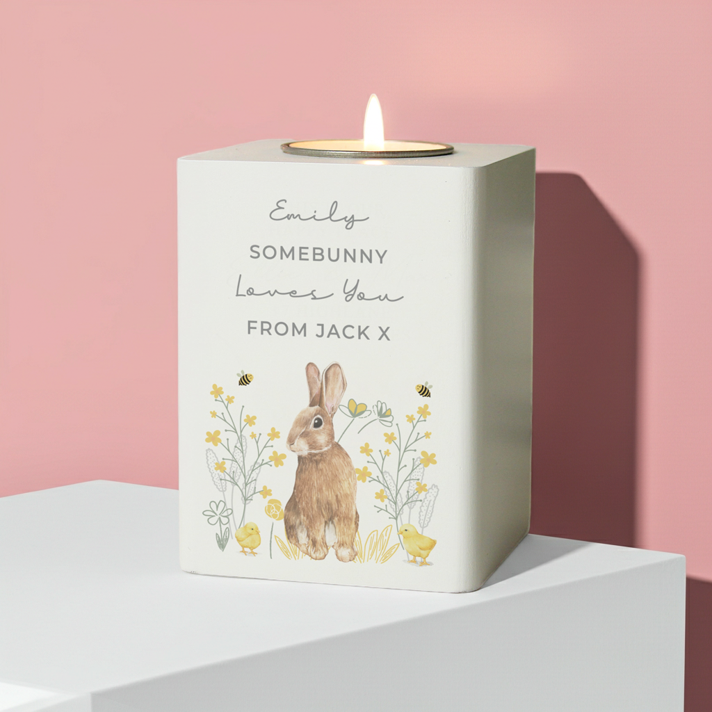 Personalised Spring Bunny Tealight Holder | Custom Wooden Spring Gift - Artfully Curated Creations and identify whats in the image