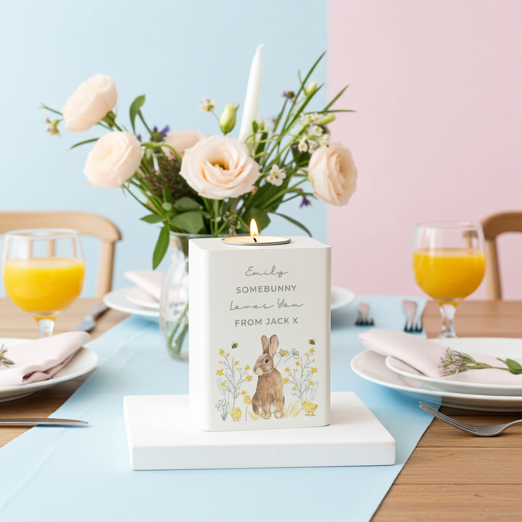 Personalised Spring Bunny Tealight Holder | Custom Wooden Spring Gift - Artfully Curated Creations and identify whats in the image