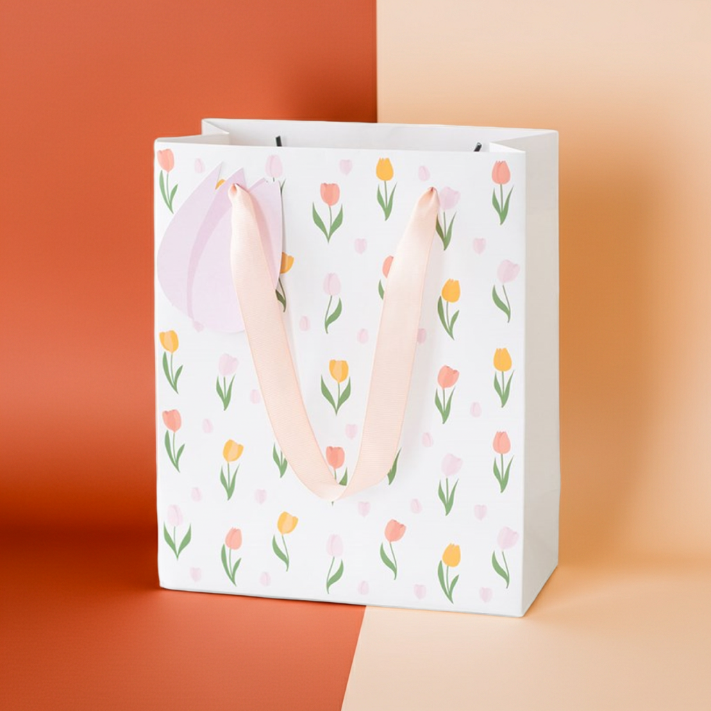 Tulip Gift Bag for Mum | Floral Paper Gift Bag | Mother’s Day Gift Packaging | 23cm | Bright Spring Design - Artfully Curated Creations and identify whats in the image