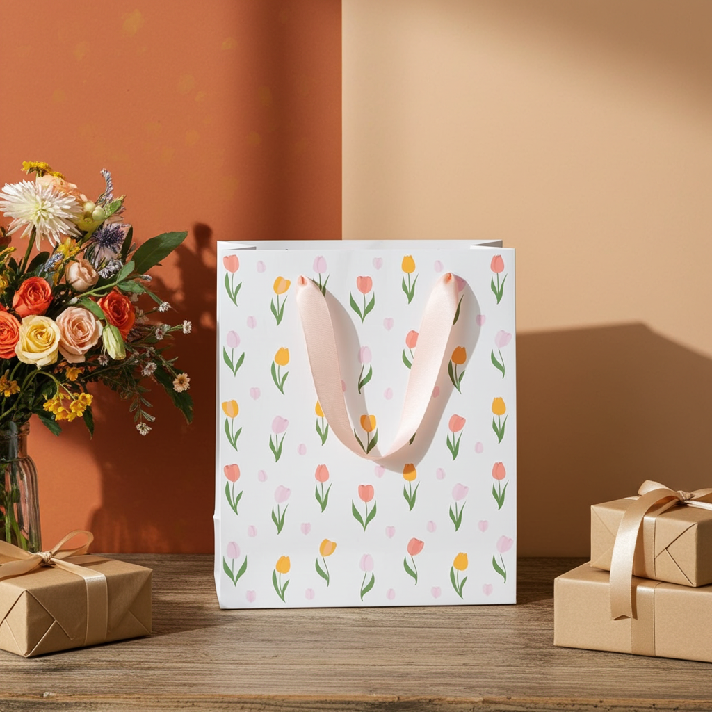 Tulip Gift Bag for Mum | Floral Paper Gift Bag | Mother’s Day Gift Packaging | 23cm | Bright Spring Design - Artfully Curated Creations and identify whats in the image