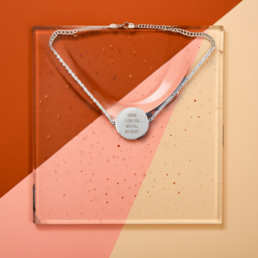 Personalised Silver Tone Necklace | Engraved Pendant & Keepsake Sentiment Card Gift Box - Artfully Curated Creations and identify whats in the image