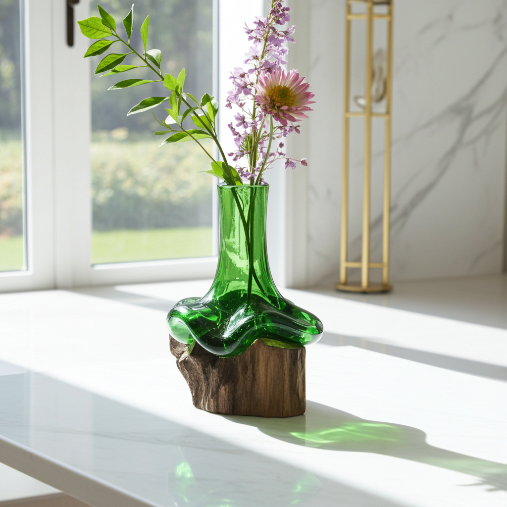 Molton Recycled Beer Bottle Glass Mini Flower Vase On Wooden Stand