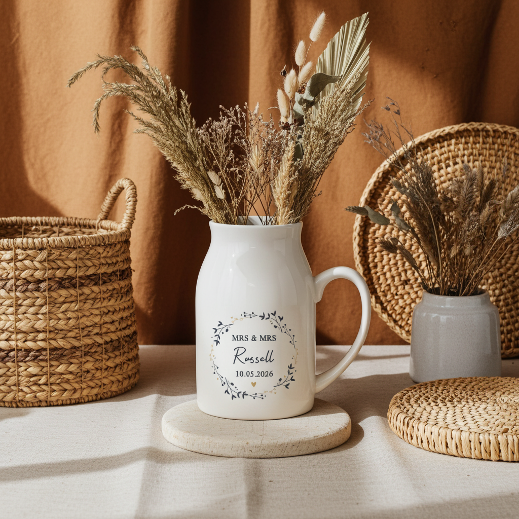 Personalised Floral Wreath Jug Vase | A Stylish Decorative Keepsake for Any Home - Artfully Curated Creations and identify whats in the image