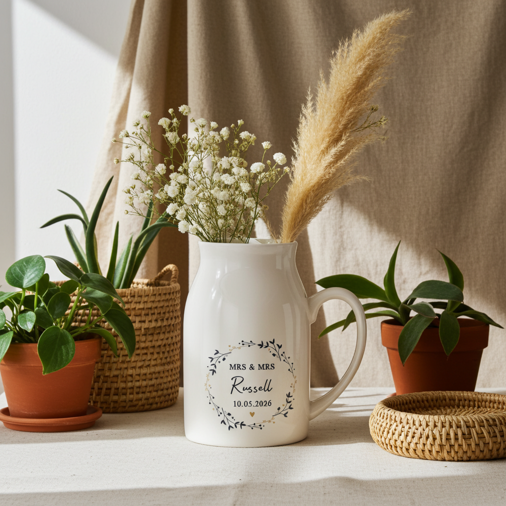 Personalised Floral Wreath Jug Vase | A Stylish Decorative Keepsake for Any Home - Artfully Curated Creations and identify whats in the image