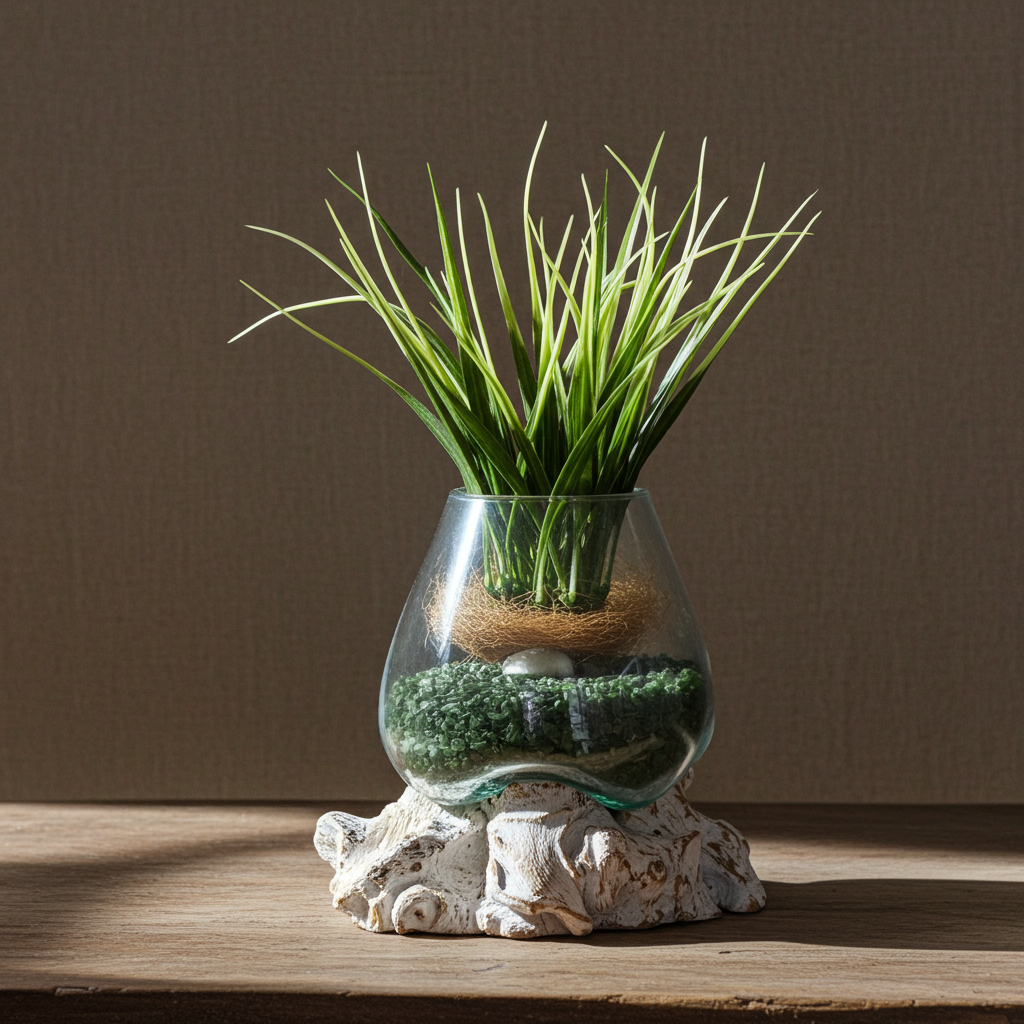Molton Glass Small Bowl On A Whitewashed Wooden Stand