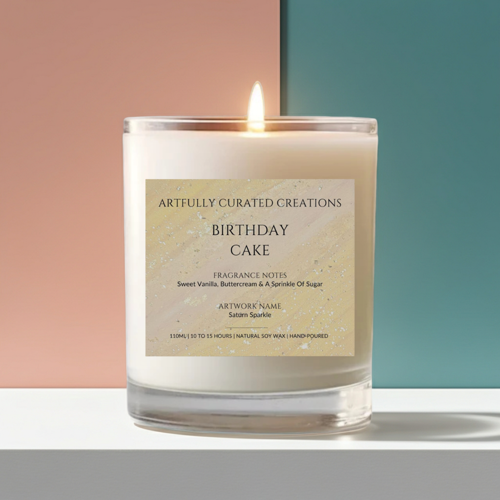 Art Candle Original Artwork Scented Soy Wax in clear glass | Handmade Gift | Wedding Favour | Elegant Home Décor | Luxury Party Bag - Artfully Curated Creations and identify whats in the image