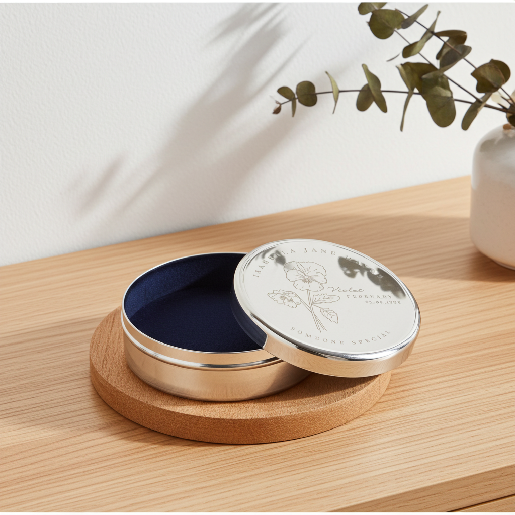 A round silver-toned keepsake box with a navy blue velvet interior and a white lid engraved with botanical artwork and the text 'JANE AUSTIN', shown open on a wooden coaster on a light wood tabletop.