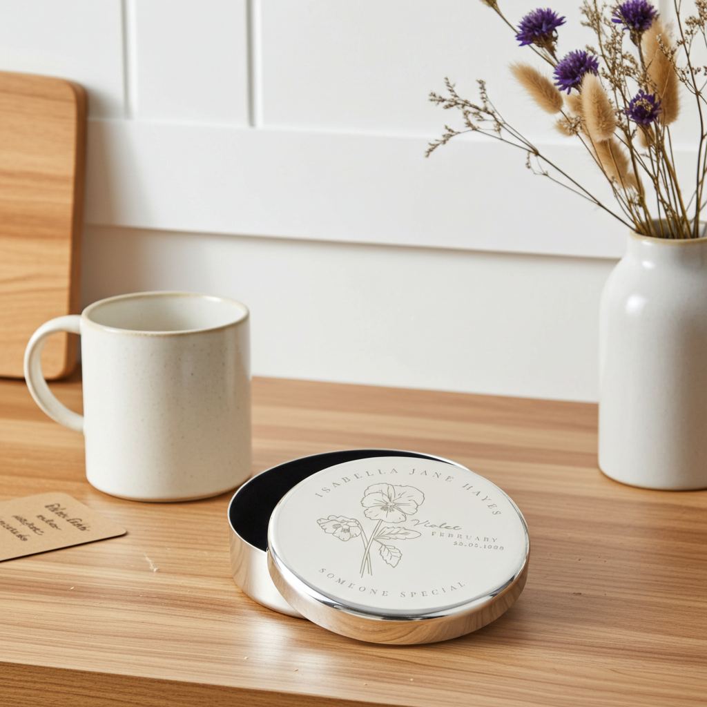 A round silver metal tin with its lid off, showing a white printed floral label that reads 'EMERICKA JANE HENRY' and 'SOMEONE SPECIALIST'. The tin sits on a light wood table next to a white ceramic mug and a vase of dried flowers.