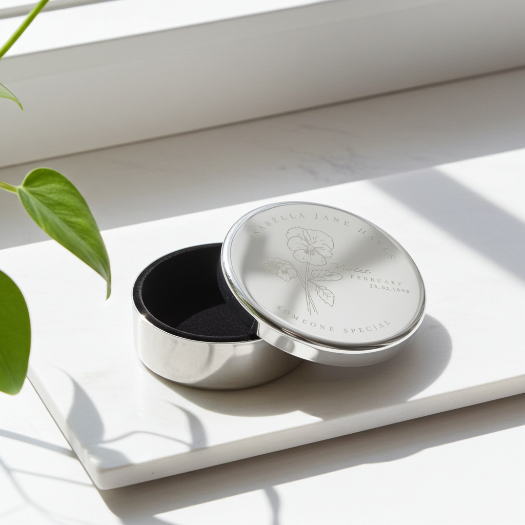Silver container with black interior on a white surface with a plant leaf in the corner