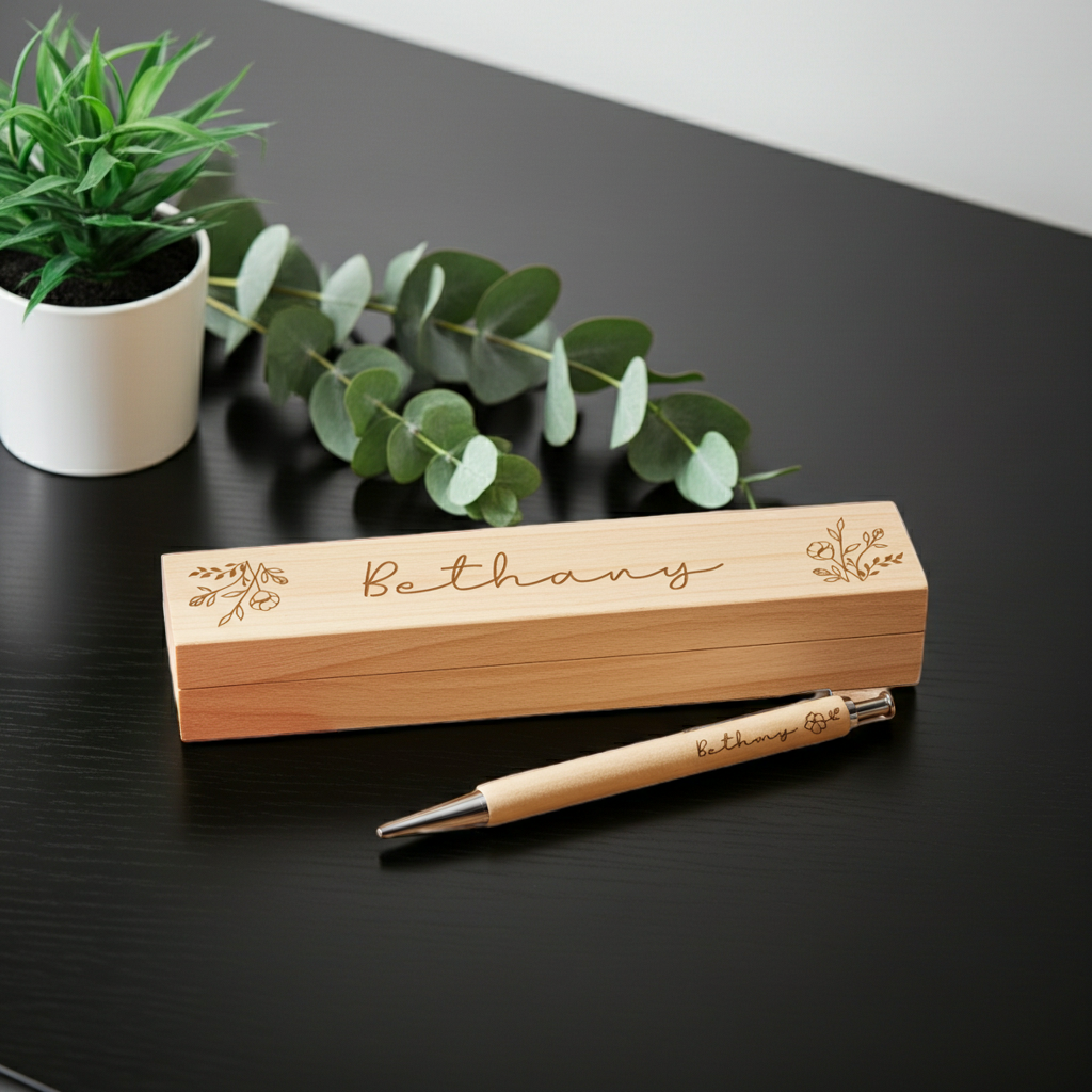 A personalized wooden keepsake box engraved with the name 'Bethany' and a matching wooden pen with silver metal accents, displayed on a dark tabletop with a small potted plant and eucalyptus sprigs in the background.