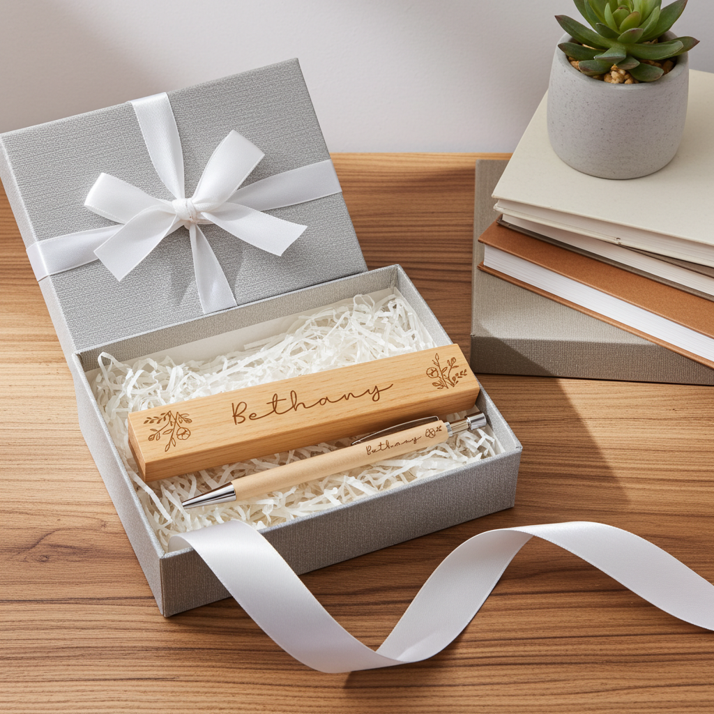 A personalized wooden pen engraved with the name 'Bethany' and a matching wooden box, presented in a gray gift box with a white ribbon on a wooden table.