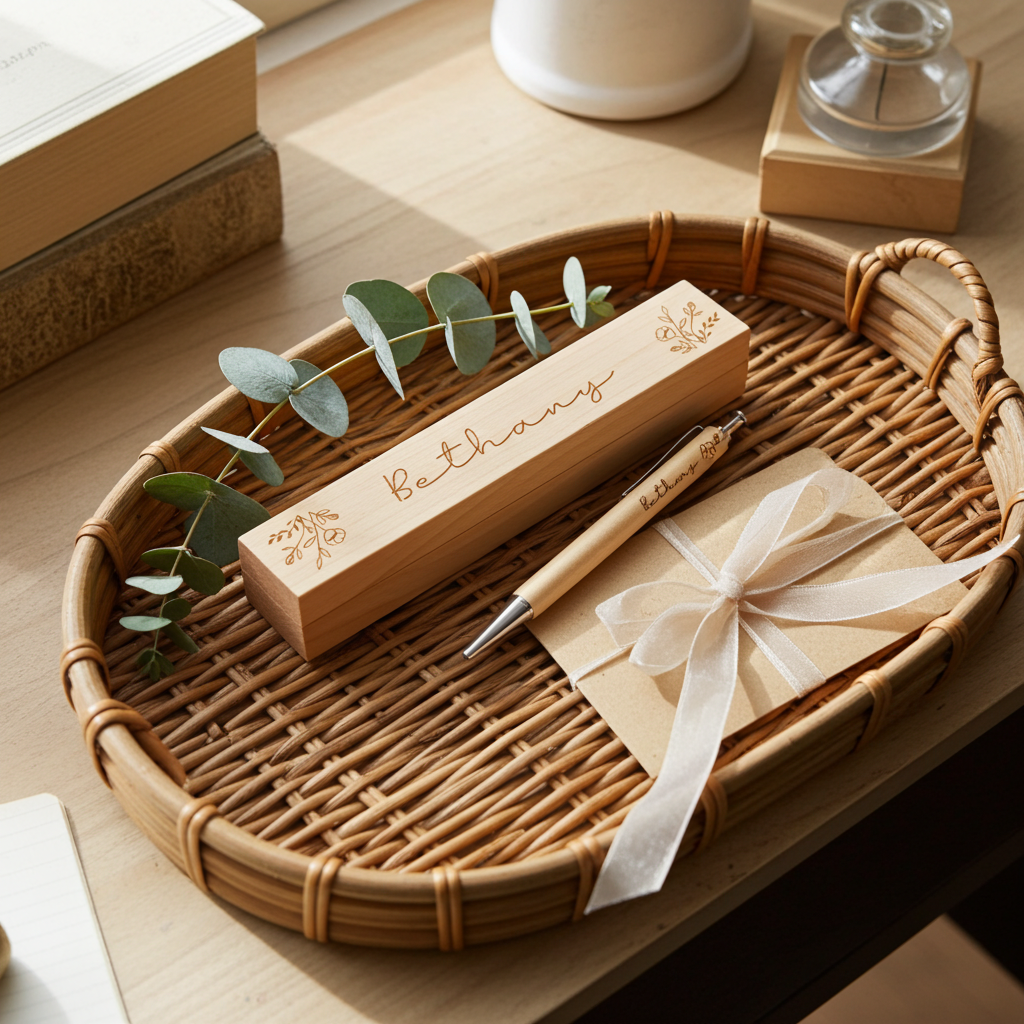 A personalized wooden keepsake box engraved with the name 'Bethany' sits on a woven oval tray, styled with a matching wooden pen, a kraft paper gift bag tied with a white ribbon, and eucalyptus leaves on a warm wooden desk.