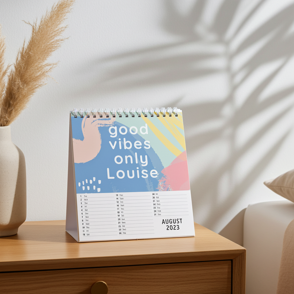 A spiral-bound desk calendar standing on a wooden table in a styled interior. The cover features abstract pastel artwork with the text 'good vibes only Louise' and the date 'AUGUST 2023' visible on the lower right.