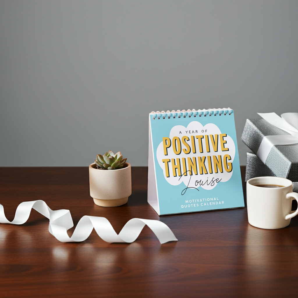A spiral-bound desk calendar titled 'A Year of Positive Thinking Louise' stands on a wooden table, styled with a small potted succulent, a white coffee mug, a gift box, and a white ribbon against a plain gray wall.