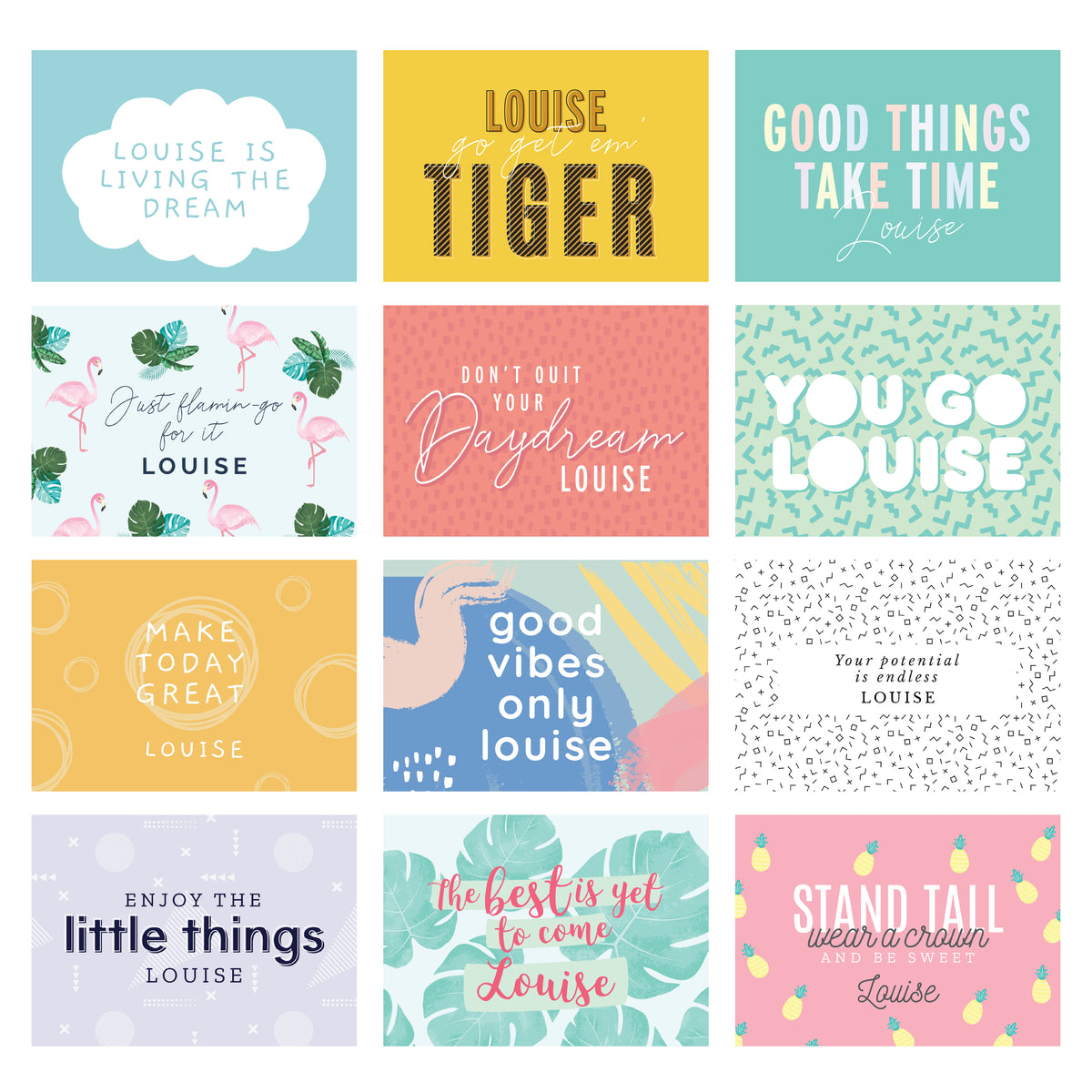 Collection of 12 motivational cards with various sayings and designs.