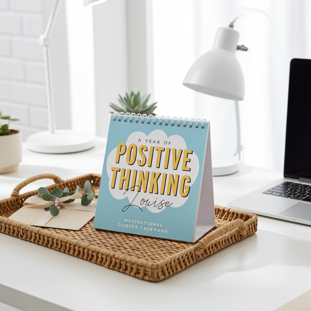 A spiral-bound desk calendar titled 'A Year of Positive Thinking Louise' stands on a woven tray on a white desk, with a laptop, lamp, and small plants in the background.