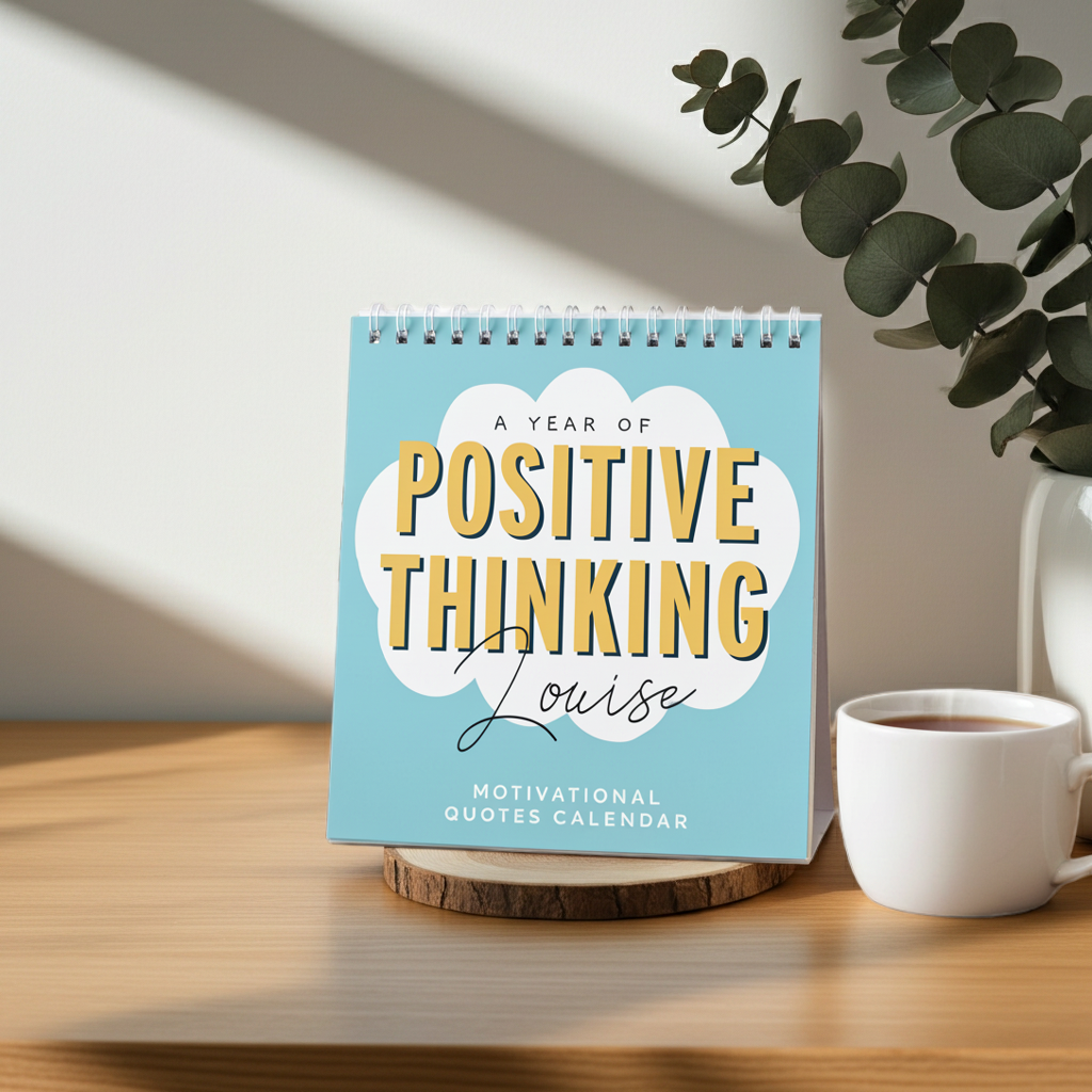 A spiral-bound desk calendar titled 'A Year of Positive Thinking Louise' stands on a wooden coaster on a light wood table, styled with a white coffee mug and a green eucalyptus plant in a bright, modern room.