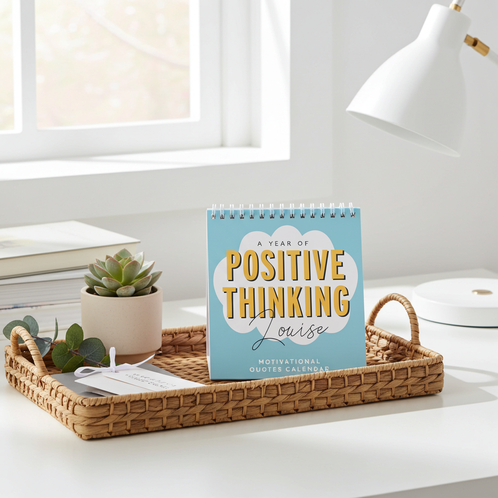 A spiral-bound motivational quote calendar titled 'A Year of Positive Thinking Louise' stands on a woven tray on a white desk in a bright, modern room. The calendar has a light blue cover with yellow and white text.