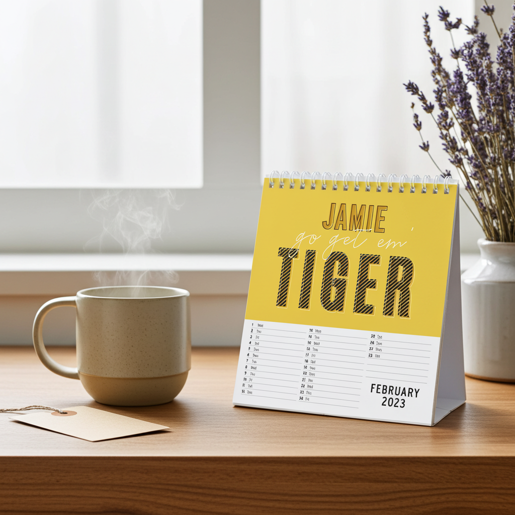 A spiral-bound desk calendar standing on a wooden table by a window, with a yellow cover reading 'JAMIE you got an TIGER' and 'FEBRUARY 2023' at the bottom. A beige mug with steam, a small card, and a vase of dried lavender sit nearby.