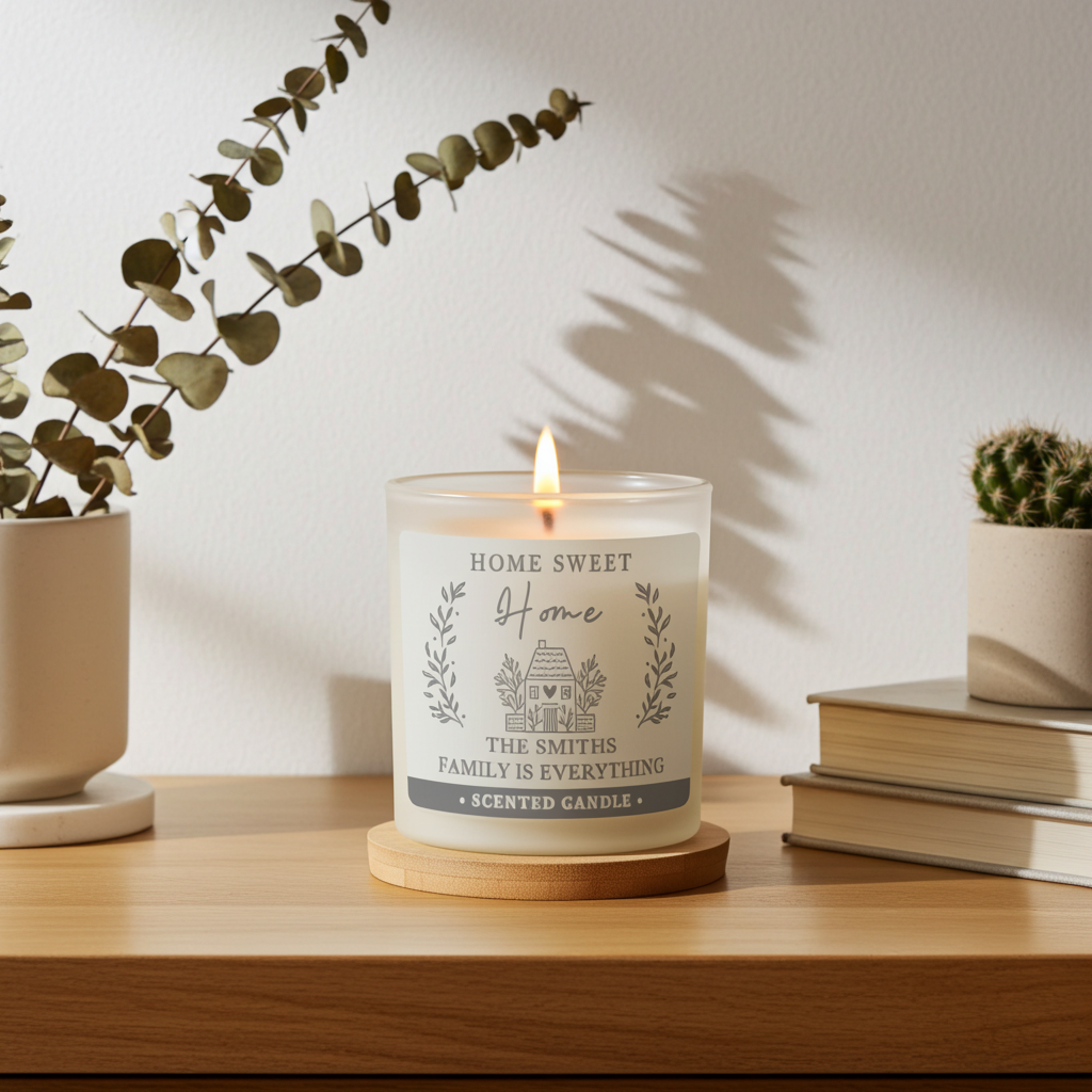 A lit scented candle in a clear glass jar sits on a wooden coaster on a wooden table, surrounded by decorative plants and books against a neutral wall.