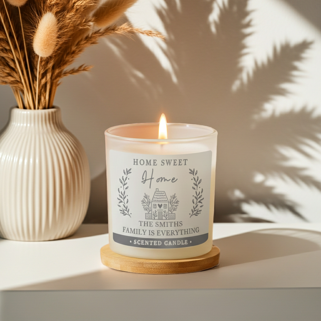 A lit scented candle in a clear glass jar sits on a small round wooden coaster on a tabletop. The jar has a cream label with gray text reading 'HOME SWEET Home' and 'THE SMITHS FAMILY IS EVERYTHING' with a small house illustration.