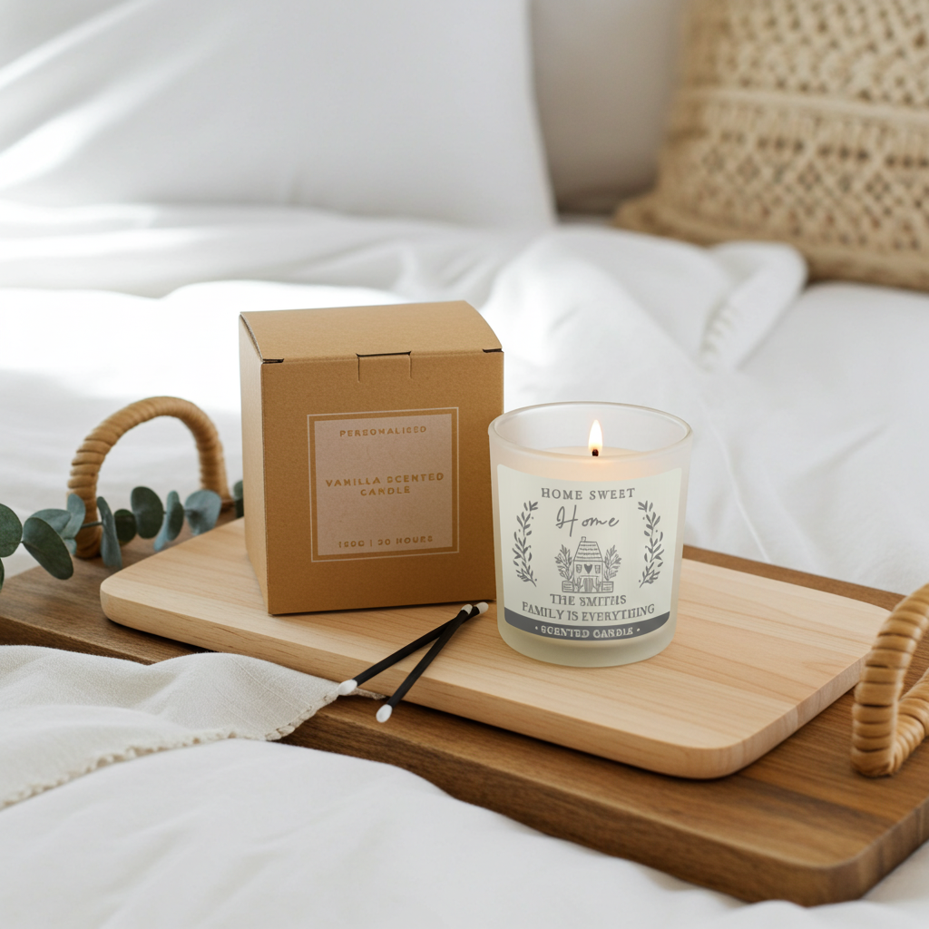 A personalized vanilla scented candle in a clear glass jar with a lit flame sits on a wooden tray beside its kraft paper box, styled on a bed with white linens and a woven pillow.
