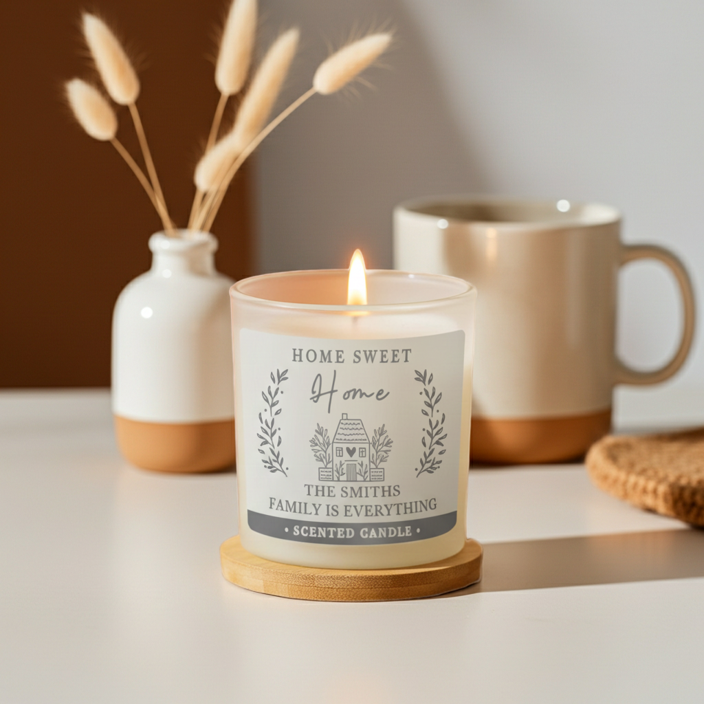 A lit scented candle in a clear glass jar sits on a wooden coaster on a tabletop. The label reads 'HOME SWEET Home' and 'THE SMITHS FAMILY IS EVERYTHING'.