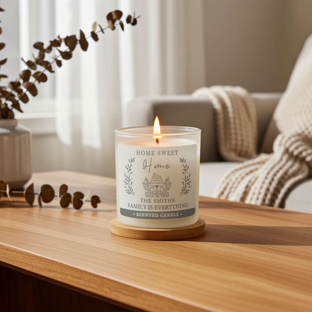 A lit scented candle in a clear glass jar sits on a wooden coaster on a wooden table in a cozy living room setting. The candle features a white label with gray text that reads 'HOME SWEET Home THE SMITHS FAMILY IS EVERYTHING' and 'SCENTED CANDLE'.