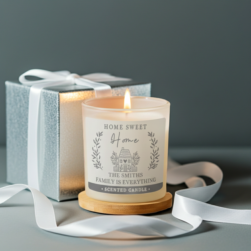 A lit scented candle in a clear glass jar with a cream label reading 'Home Sweet Home The Smiths Family is Everything' and a small house illustration, set on a wooden coaster beside a silver gift box with a white ribbon against a dark gray background.