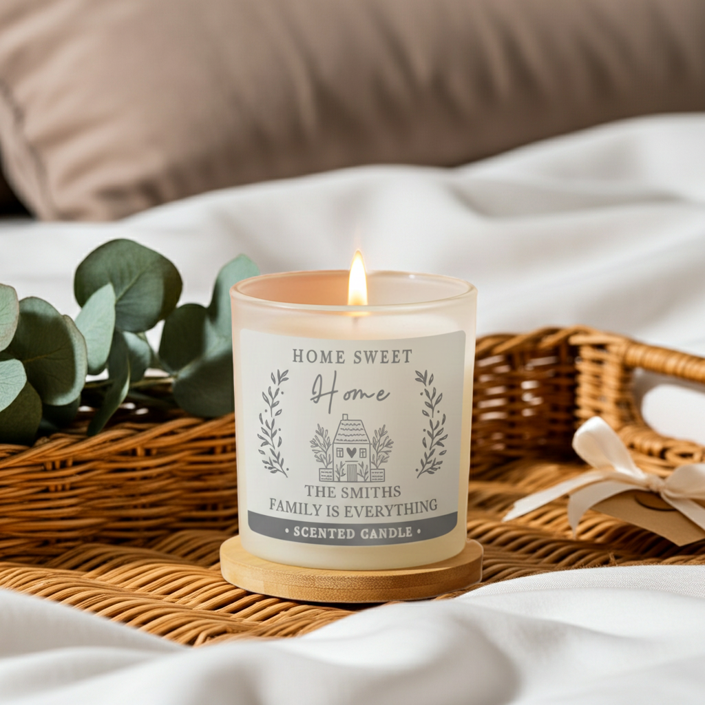 A personalized scented candle in a clear glass jar with a white label, lit and resting on a wooden coaster inside a wicker tray on a bed with white sheets and green eucalyptus leaves.