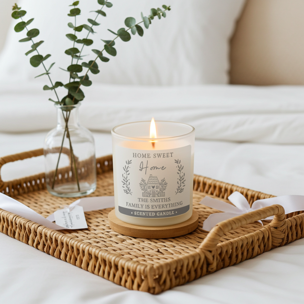 A lit scented candle in a clear glass jar sits on a woven wicker tray on a bed, styled with a small glass vase of eucalyptus and white ribbon bows. The candle label reads, 'HOME SWEET Home THE SMITHS FAMILY IS EVERYTHING' with a small house illustration.