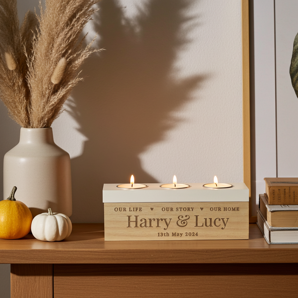 A personalized wooden candle holder with three lit tealight candles, engraved with 'Harry & Lucy' and the date '13th May 2024', styled on a wooden shelf next to a vase with dried grass and small pumpkins.