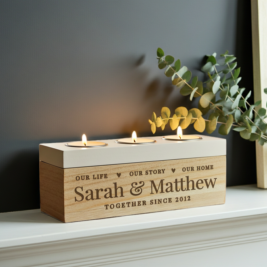 A personalized wooden keepsake box with three lit tealight candles on top, engraved with the names 'Sarah & Matthew' and 'Together Since 2012', displayed on a white mantelpiece against a dark gray wall with eucalyptus branches.