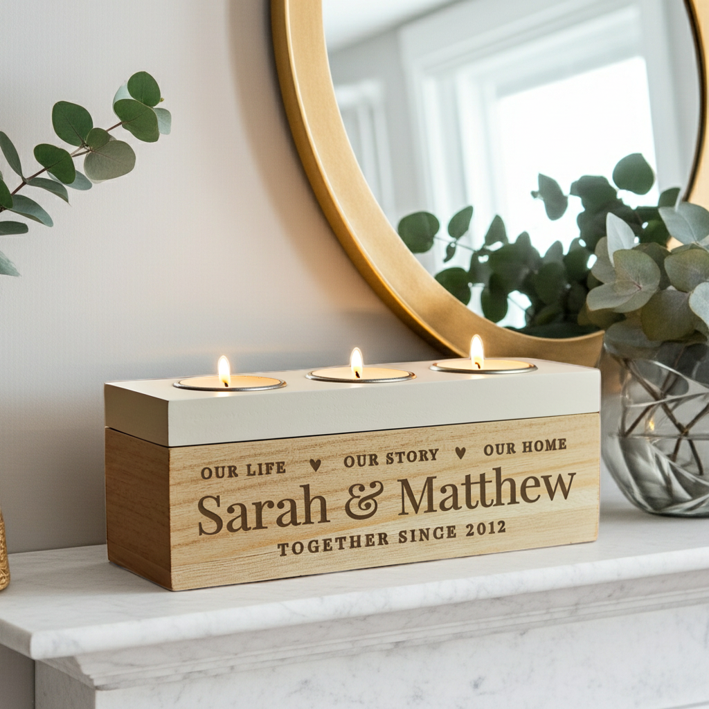 A personalized wooden candle holder with three lit tealight candles, engraved with 'Sarah & Matthew' and 'Together Since 2012', styled on a white marble mantelpiece with a gold-framed mirror and eucalyptus in the background.
