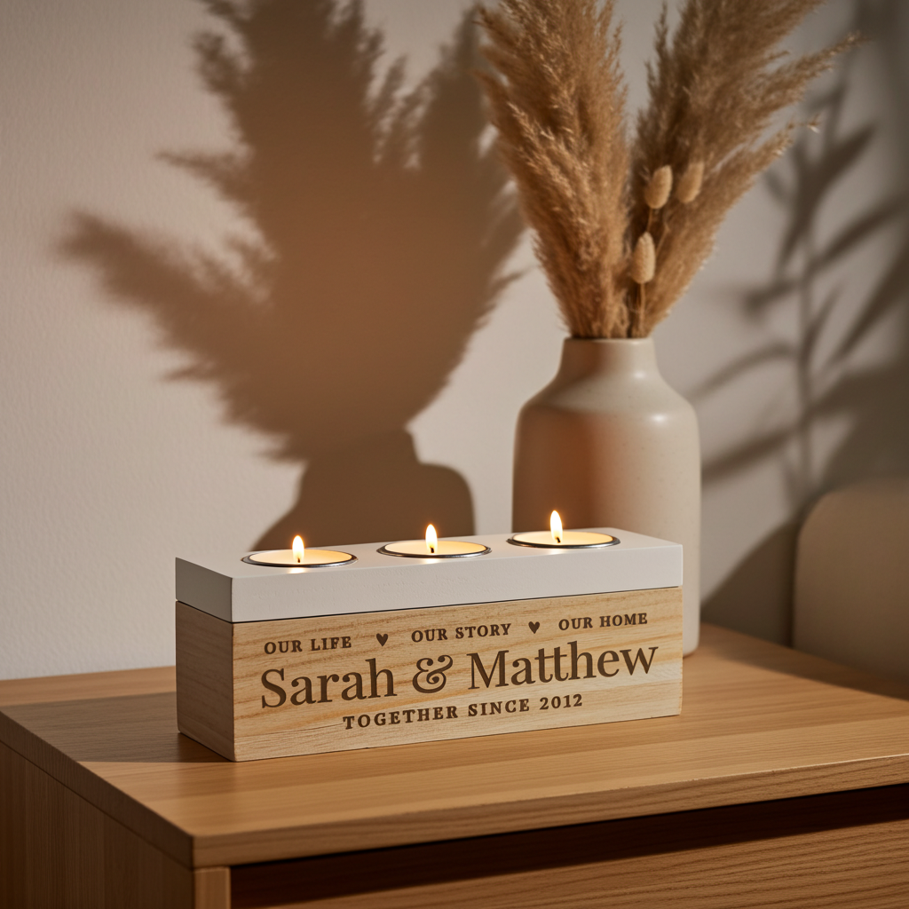 A personalized wooden candle holder with three lit tea lights, engraved with 'Sarah & Matthew' and wedding-style text, styled on a wooden table next to a vase with dried pampas grass.