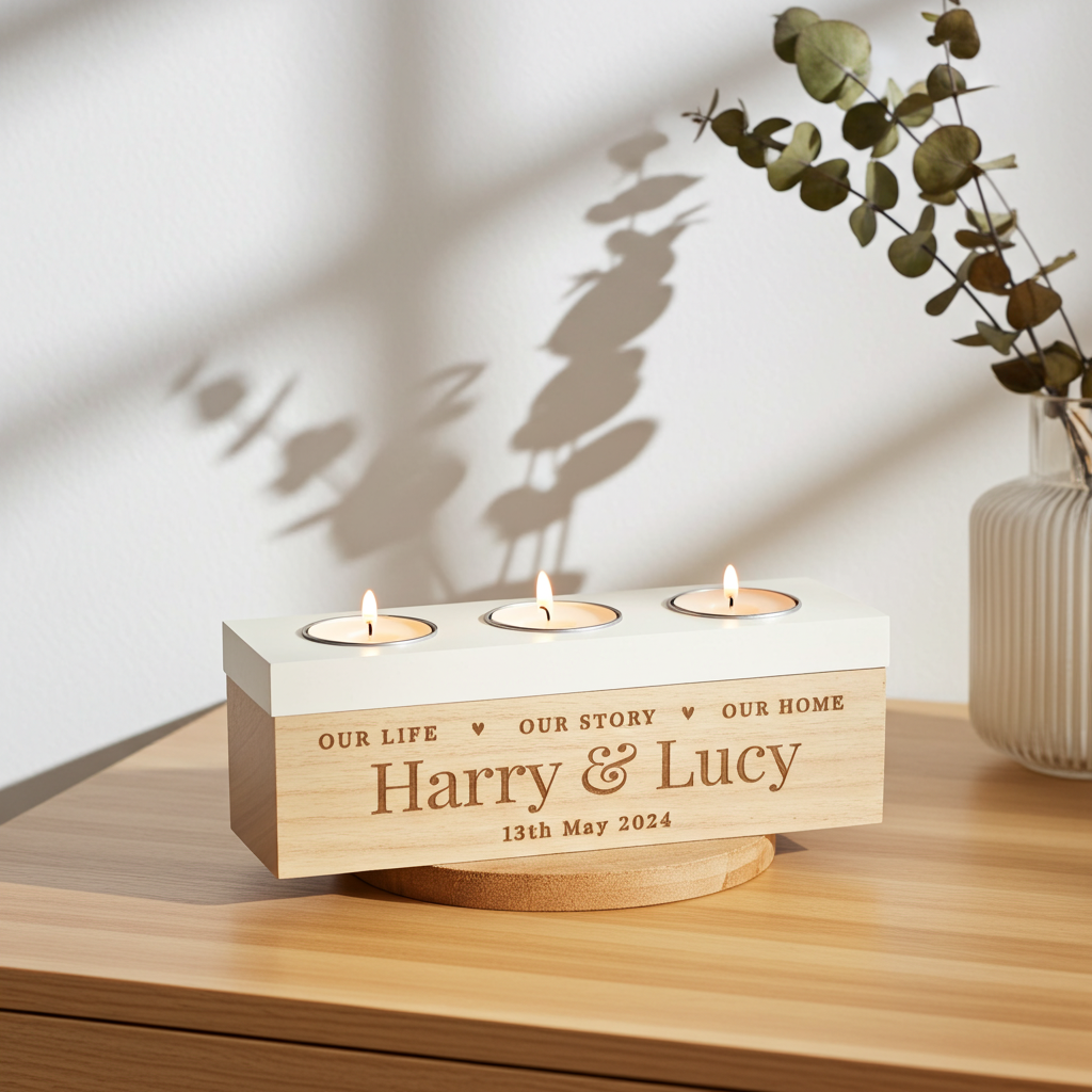 Personalized wooden tea light candle holder with three lit tea lights, engraved with 'Harry & Lucy' and the date, displayed on a wooden table with a vase of eucalyptus in the background.