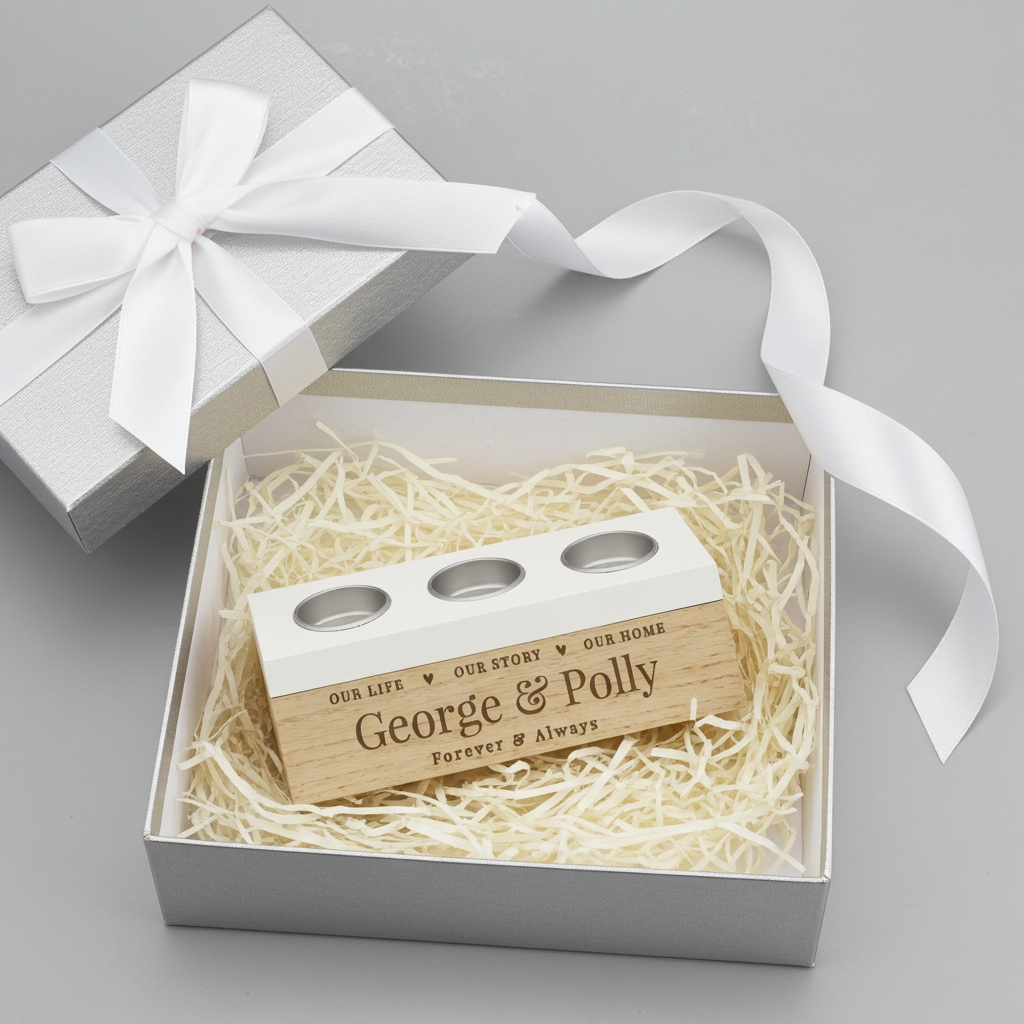 A personalized wooden keepsake box with three oval cutouts, engraved with 'George & Polly' and 'Forever & Always,' presented in a white gift box filled with shredded paper and tied with a white ribbon on a light gray background.