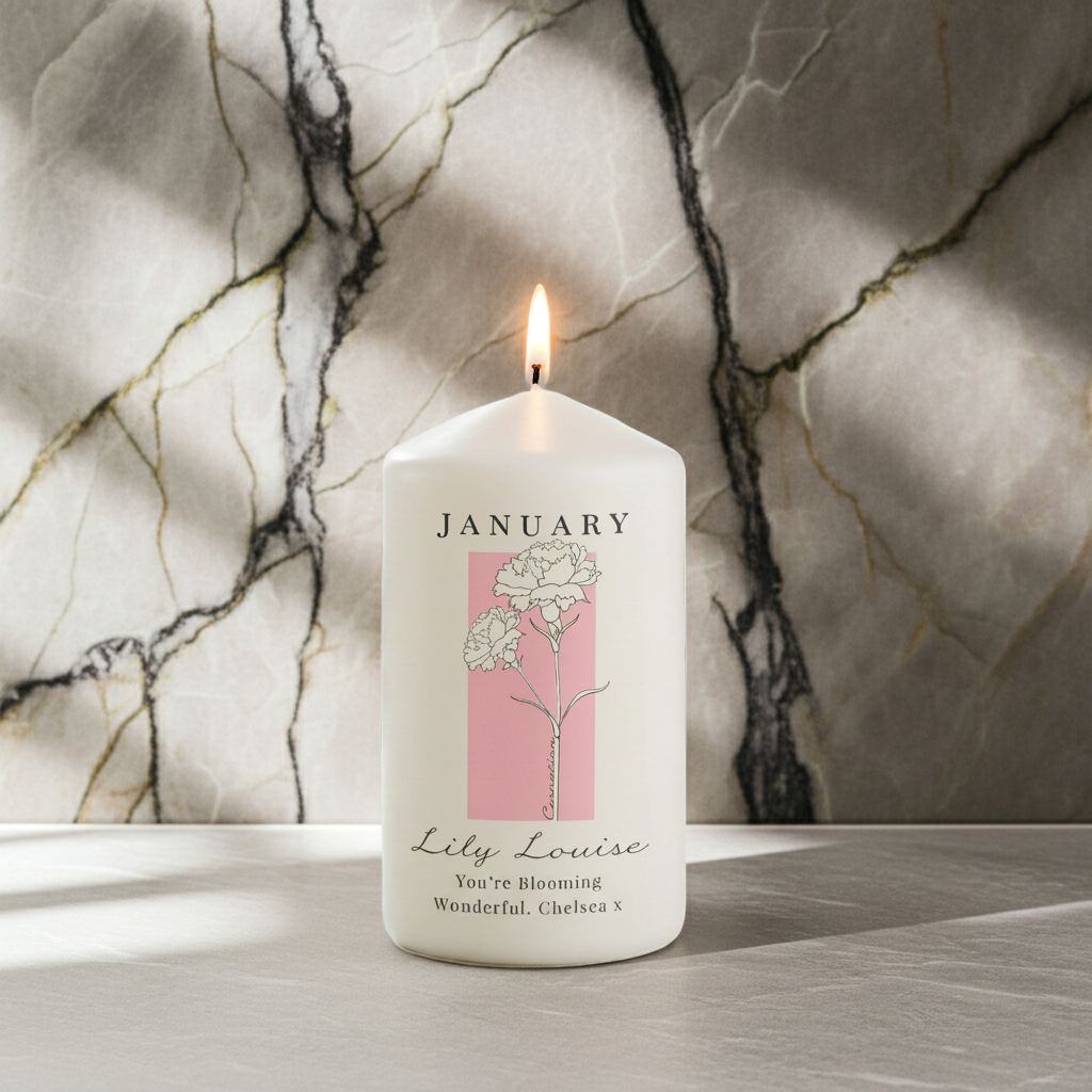Personalised Birth Flower Pillar Candle | Handmade | A personal gift - Artfully Curated Creations and identify whats in the image