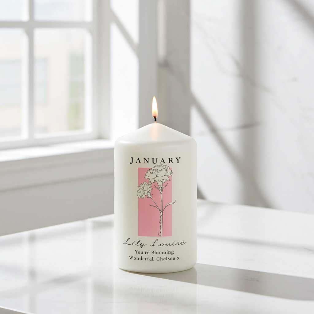 Personalised Birth Flower Pillar Candle | Handmade | A personal gift - Artfully Curated Creations and identify whats in the image