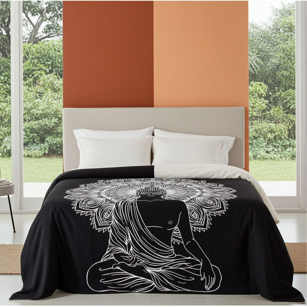 Black & White Double Bed Spread / Wall Art - Buddha